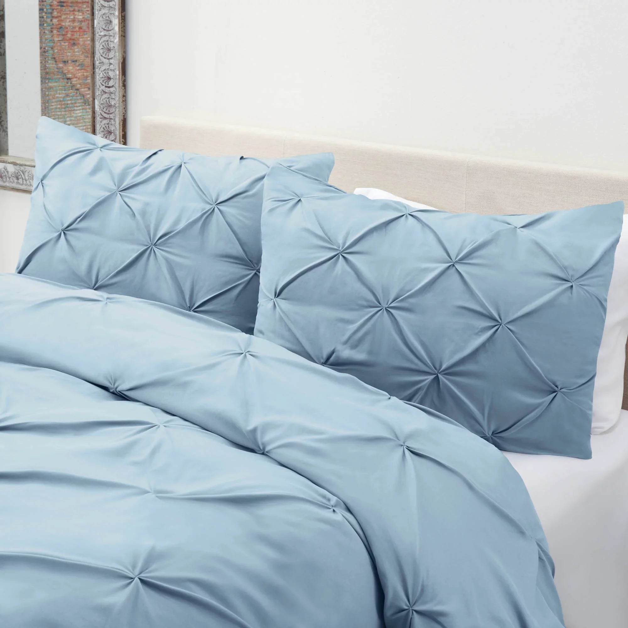Luxury Cotton Satin Pintuck Duvet Cover Set - Sky Blue - Aura Living