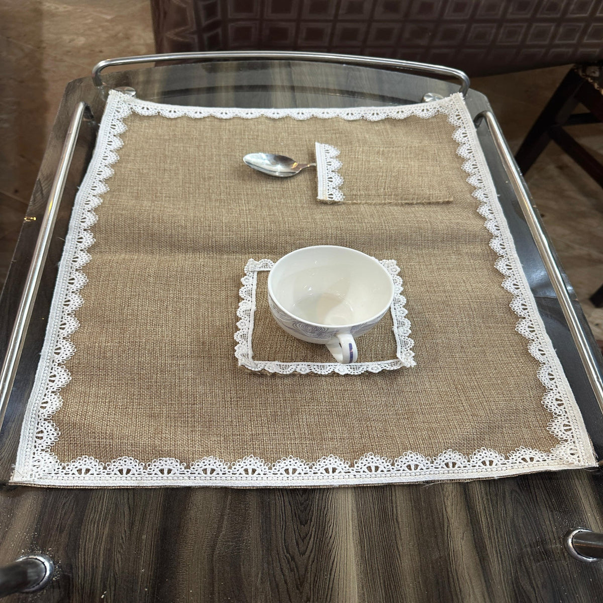 Jute Tolley Mat Set With Cute Lace - Brown