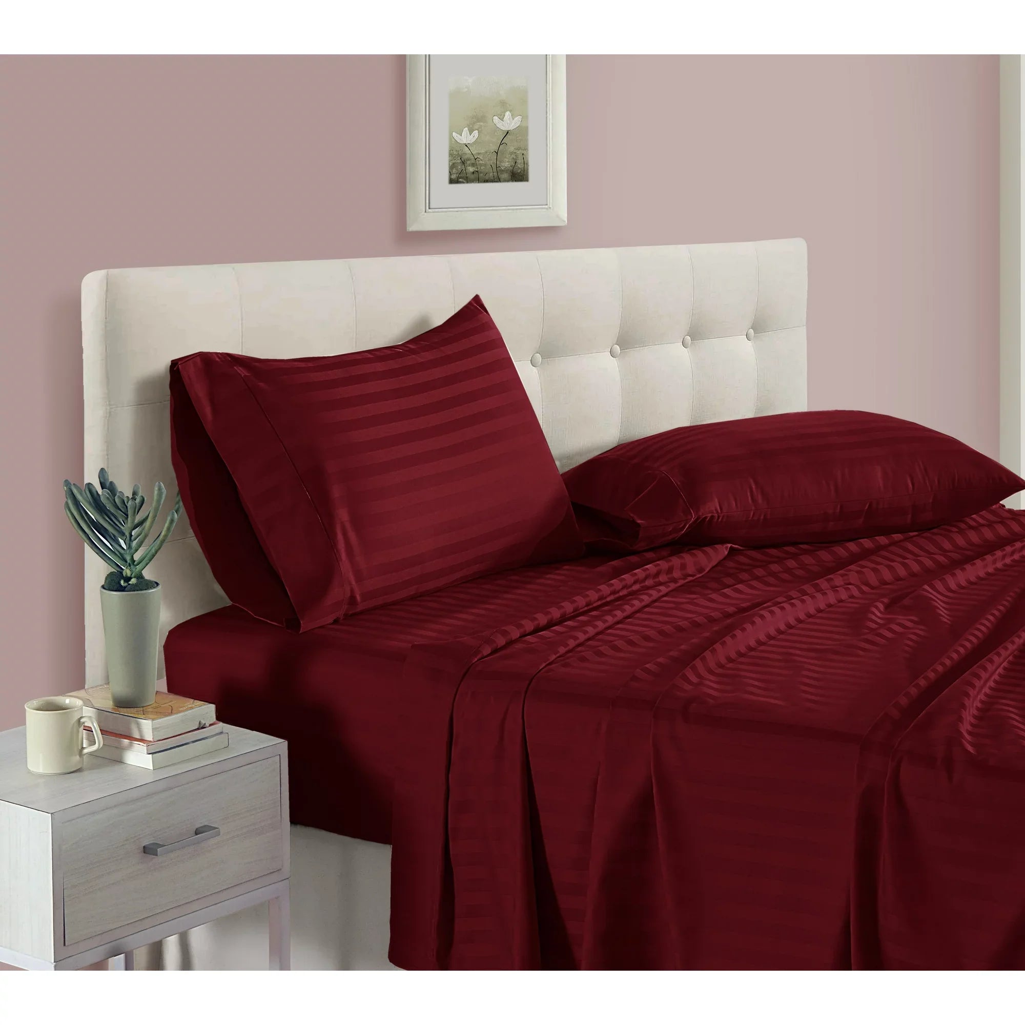 Luxury Strip Satin Bed sheet Set - Burgundy - Aura Living