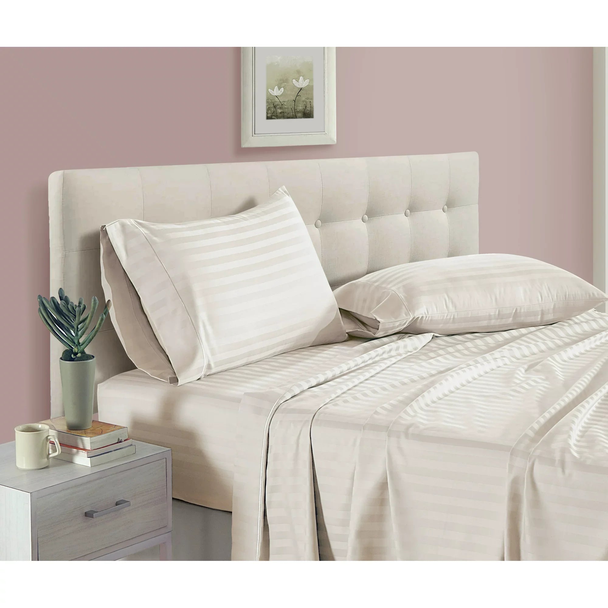 Luxury Strip Satin Bed sheet Set - Off White - Aura Living