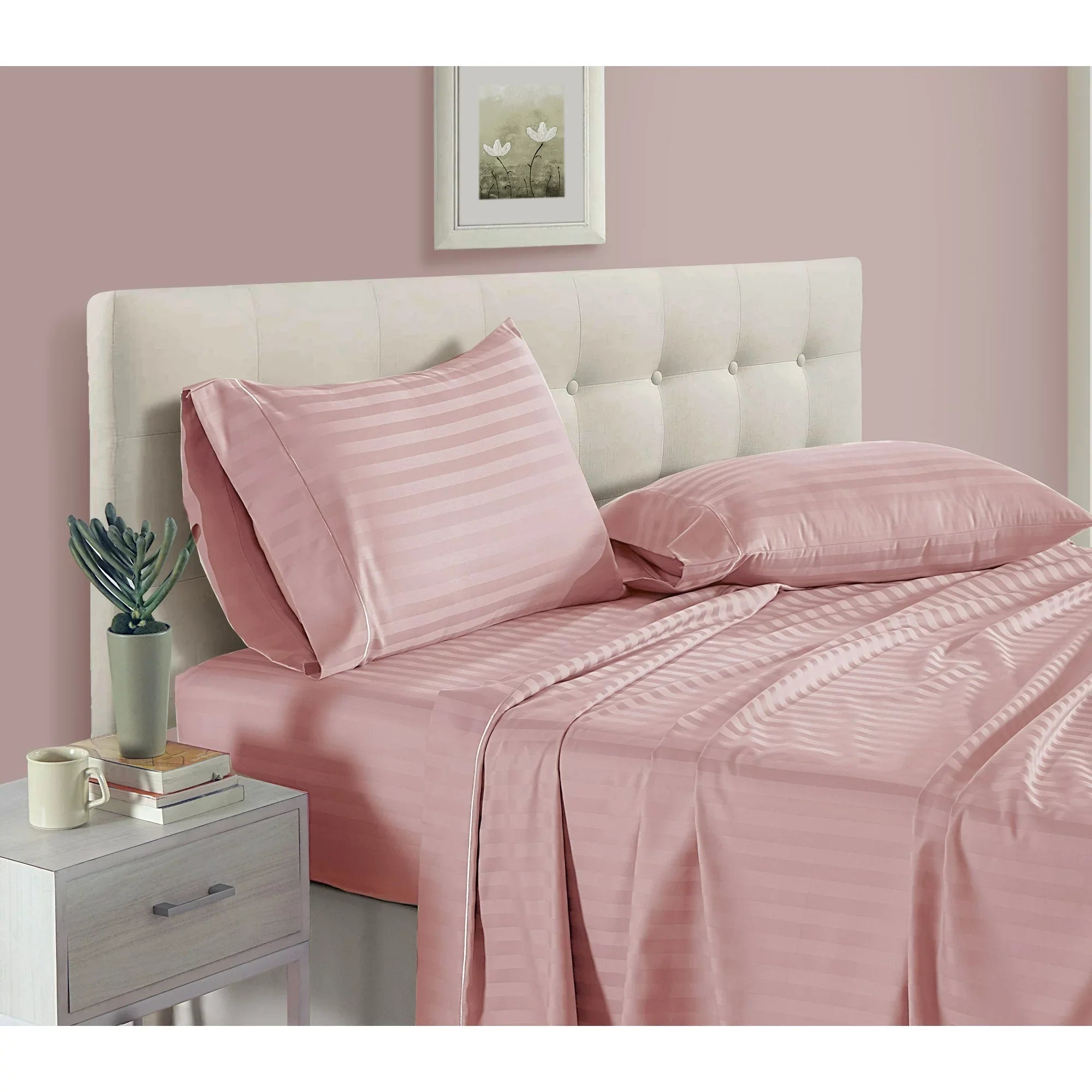 Luxury Strip Satin Bed sheet Set - Pink - Aura Living