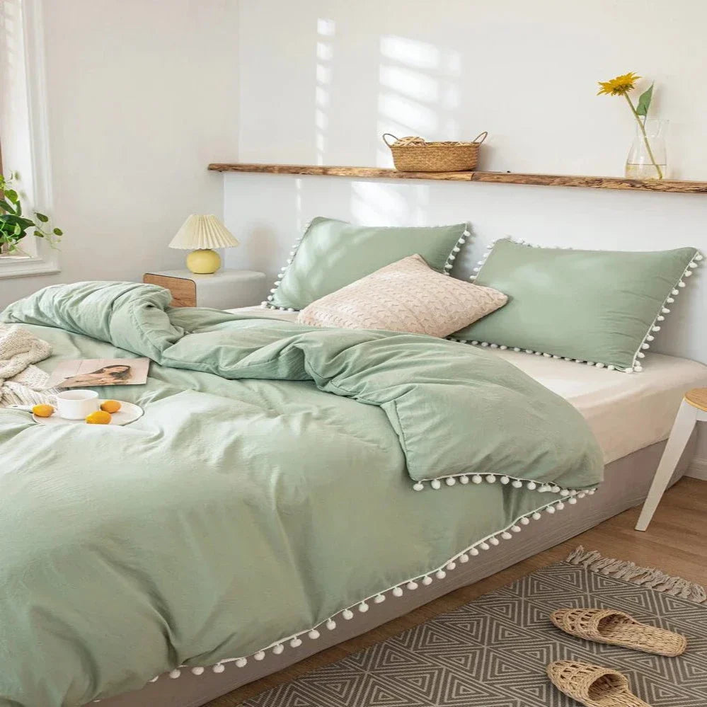 Cotton Duvet Cover Set With Pom Poms  -