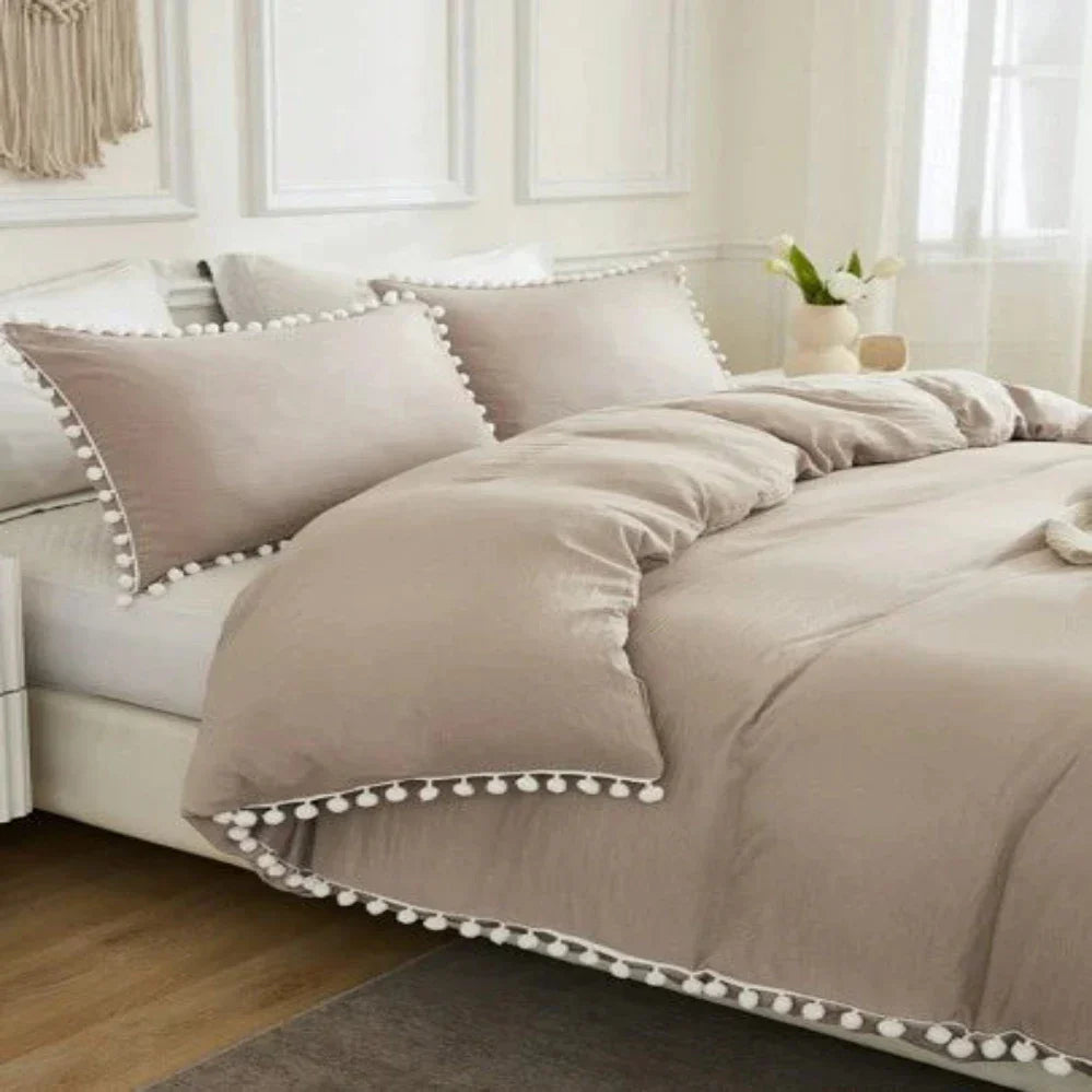 Plain Cotton Duvet Cover Set With Pom Poms