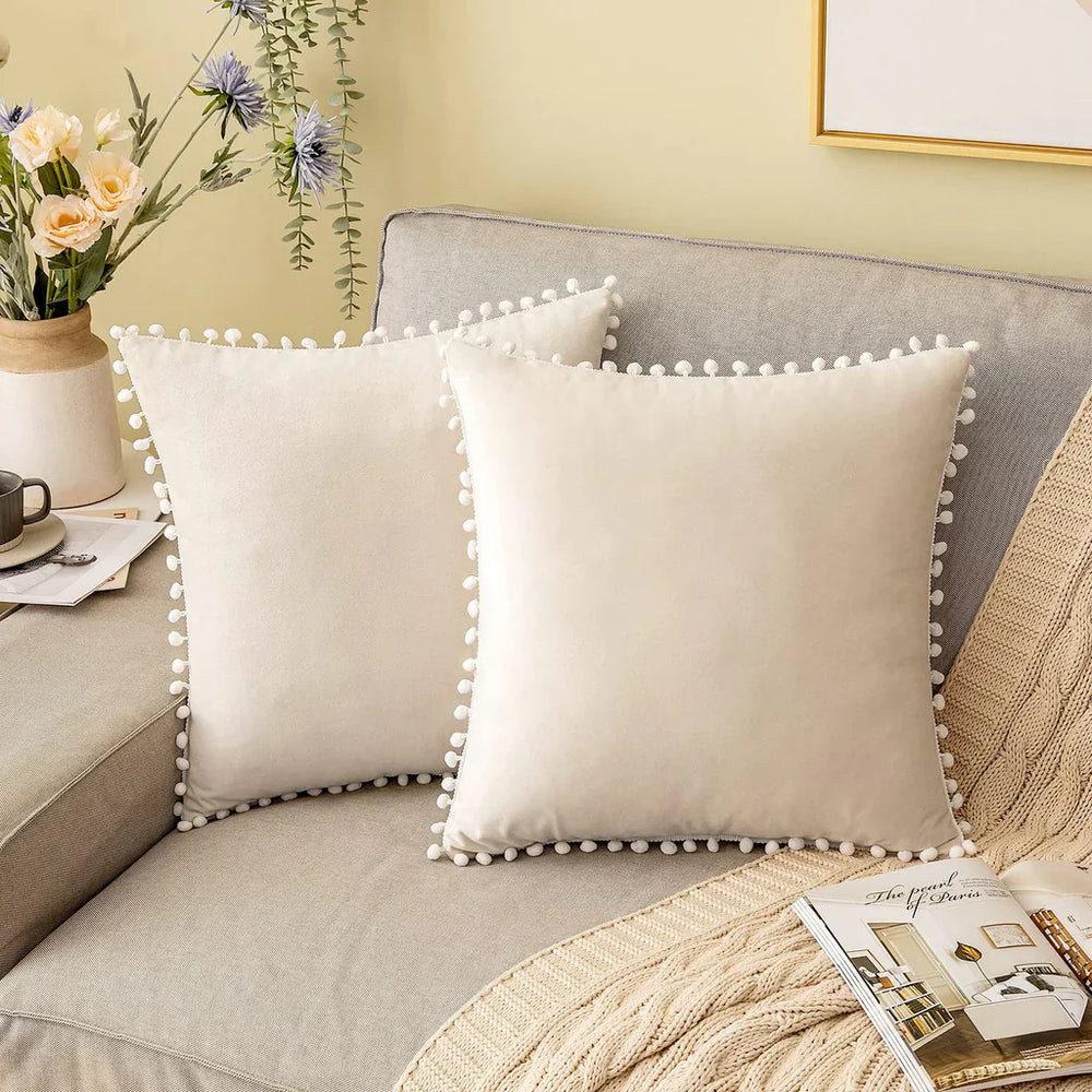 Pack Of 2 Velvet Decorative with Cute Pom - Poms Cushions - Aura Living