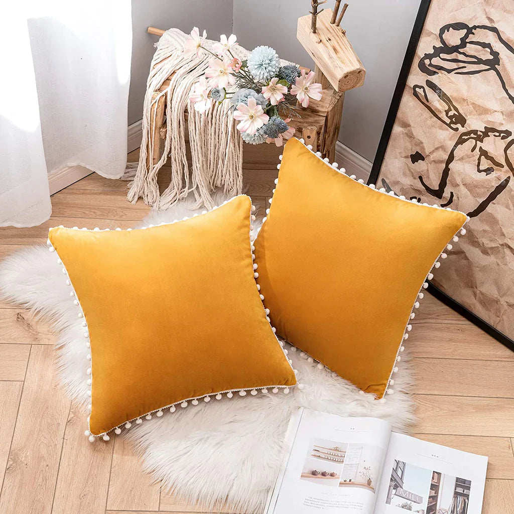 Pack Of 2 Velvet Decorative with Cute Pom - Poms Cushions - Aura Living