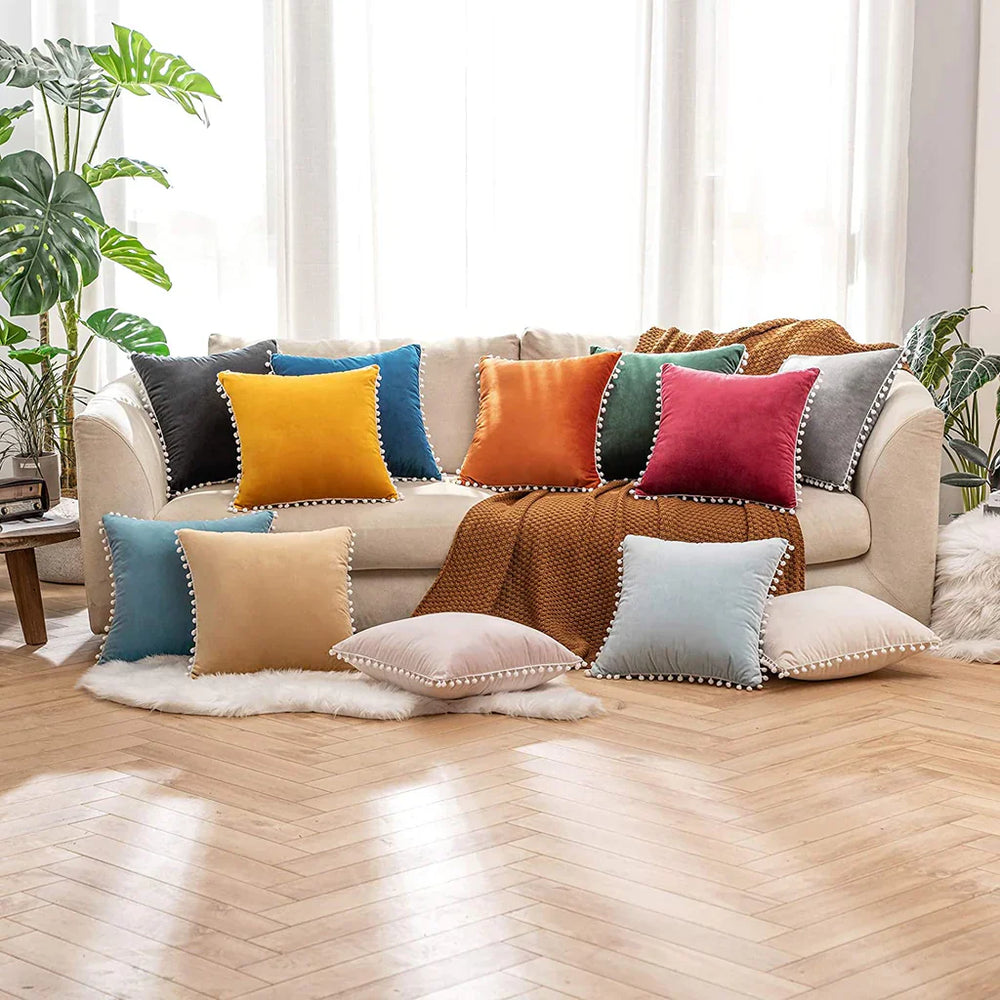Pack Of 2 Velvet Decorative with Cute Pom - Poms Cushions - Aura Living
