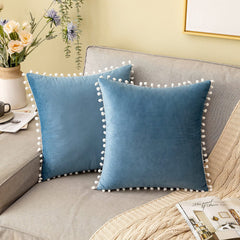 Pack Of 2 Velvet Decorative with Cute Pom - Poms Cushions - Aura Living