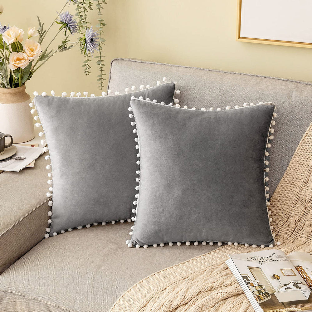 Pack Of 2 Velvet Decorative with Cute Pom - Poms Cushions - Aura Living