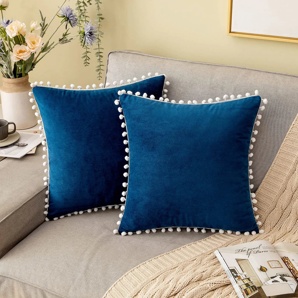 Pack Of 2 Velvet Decorative with Cute Pom - Poms Cushions - Aura Living