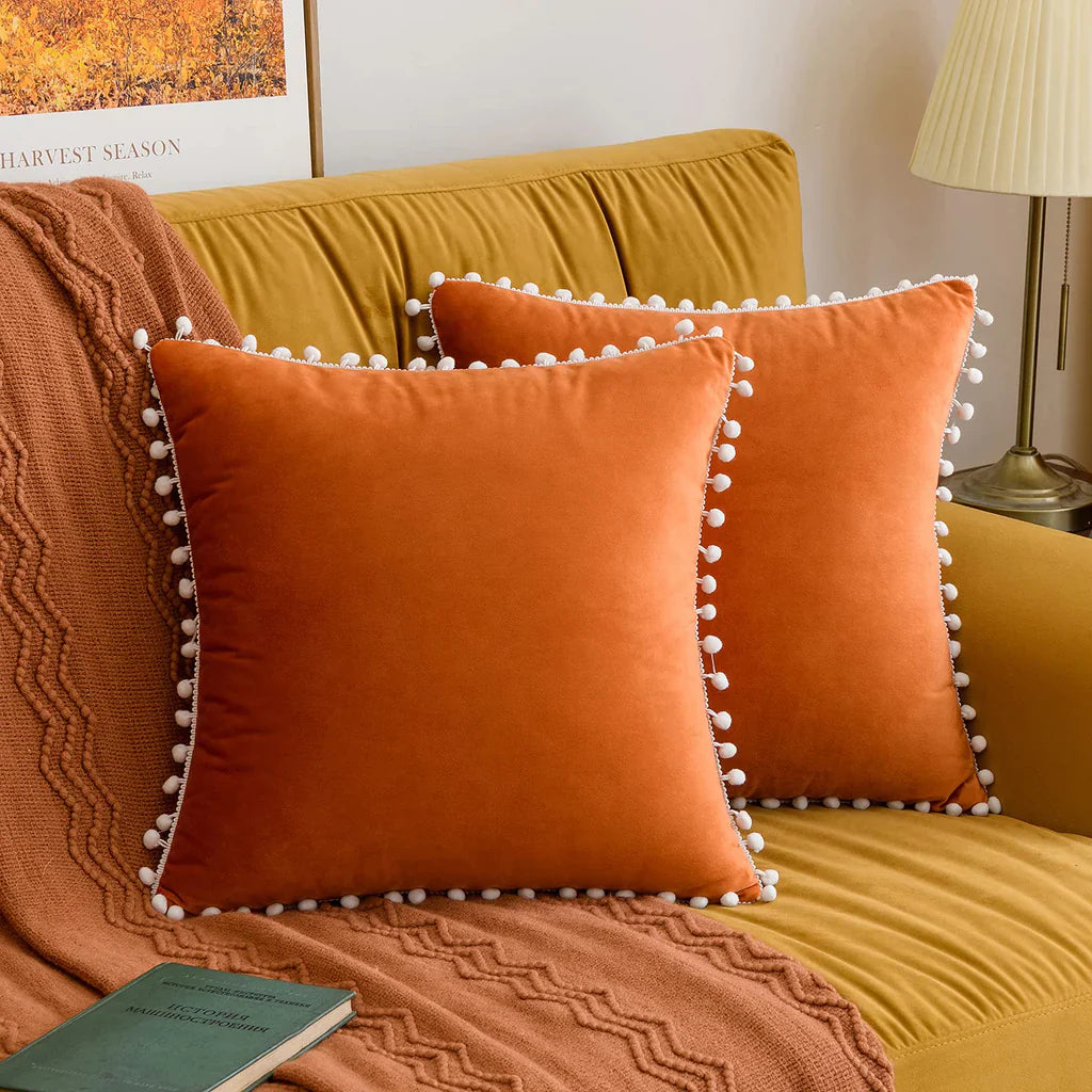 Pack Of 2 Velvet Decorative with Cute Pom - Poms Cushions - Aura Living