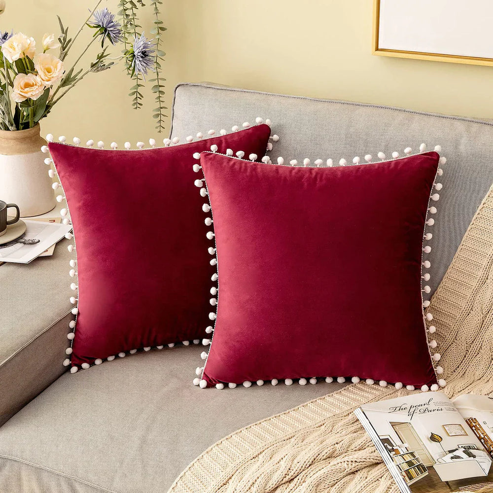 Pack Of 2 Velvet Decorative with Cute Pom - Poms Cushions - Aura Living