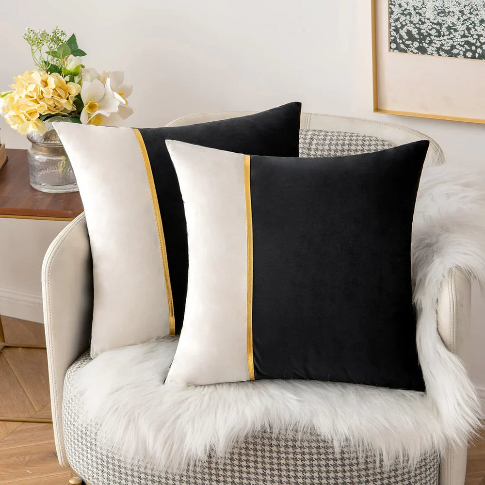 Pack Of 2 Velvet Patchwork with Golden Ribon Cushions - Aura Living