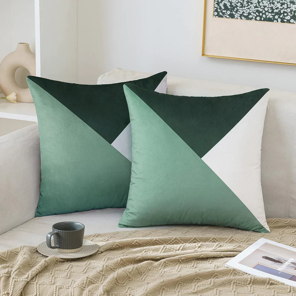 Pack Of 2 Velvet Geometric Patchwork Cushions - Aura Living