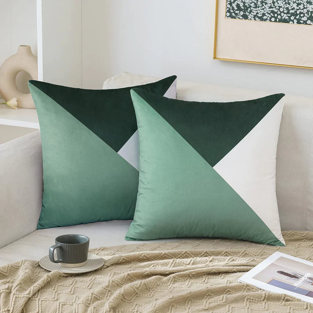 Pack Of 2 Velvet Geometric Patchwork Cushions - Aura Living