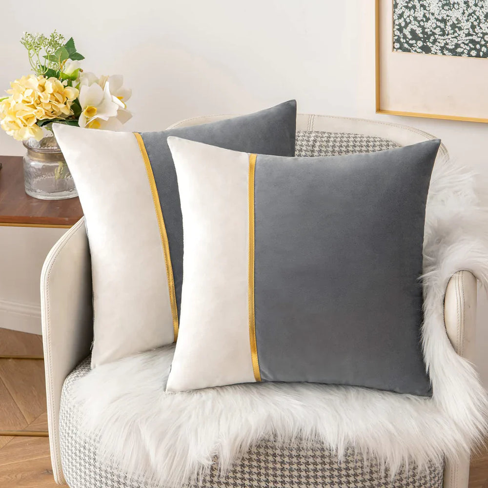 Pack Of 2 Velvet Patchwork with Golden Ribon Cushions - Aura Living
