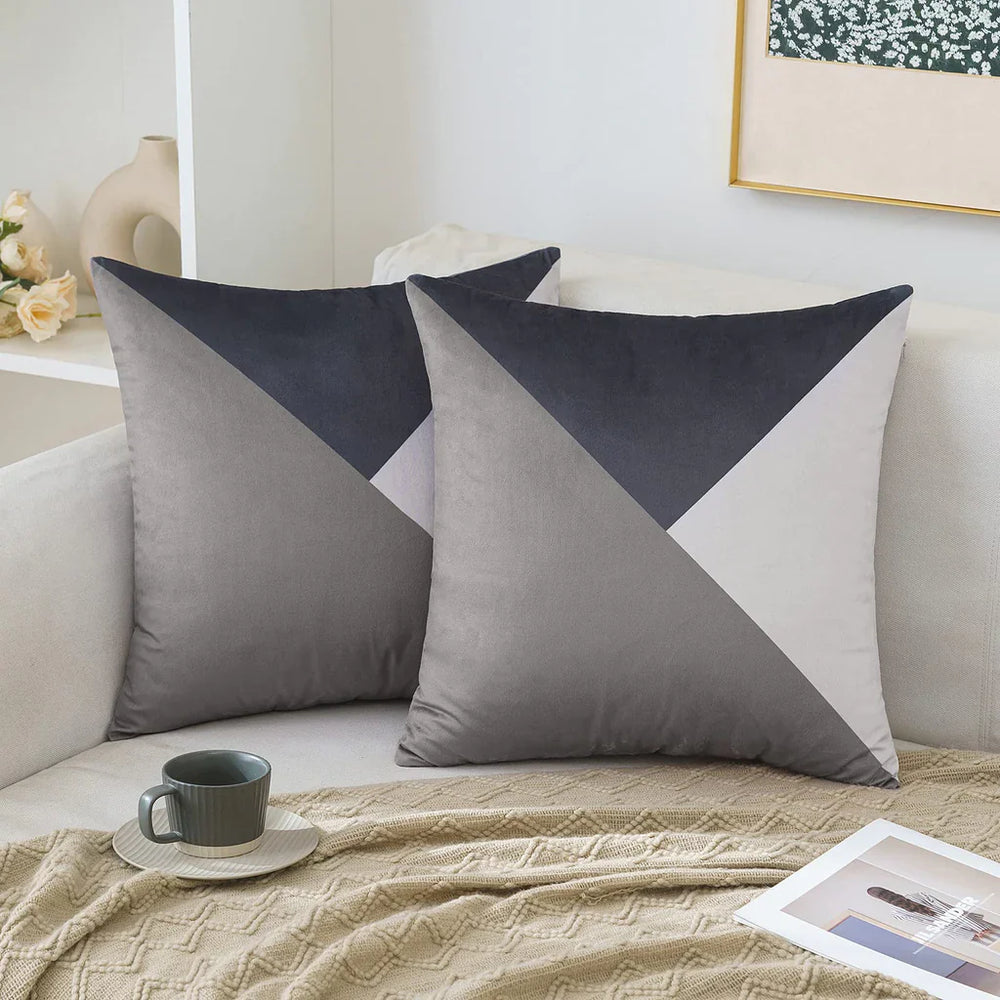 Pack Of 2 Velvet Geometric Patchwork Cushions - Aura Living