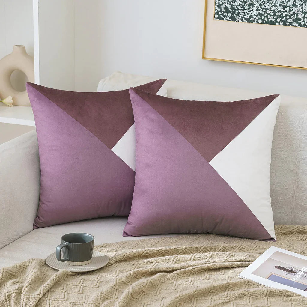Pack Of 2 Velvet Geometric Patchwork Cushions - Aura Living