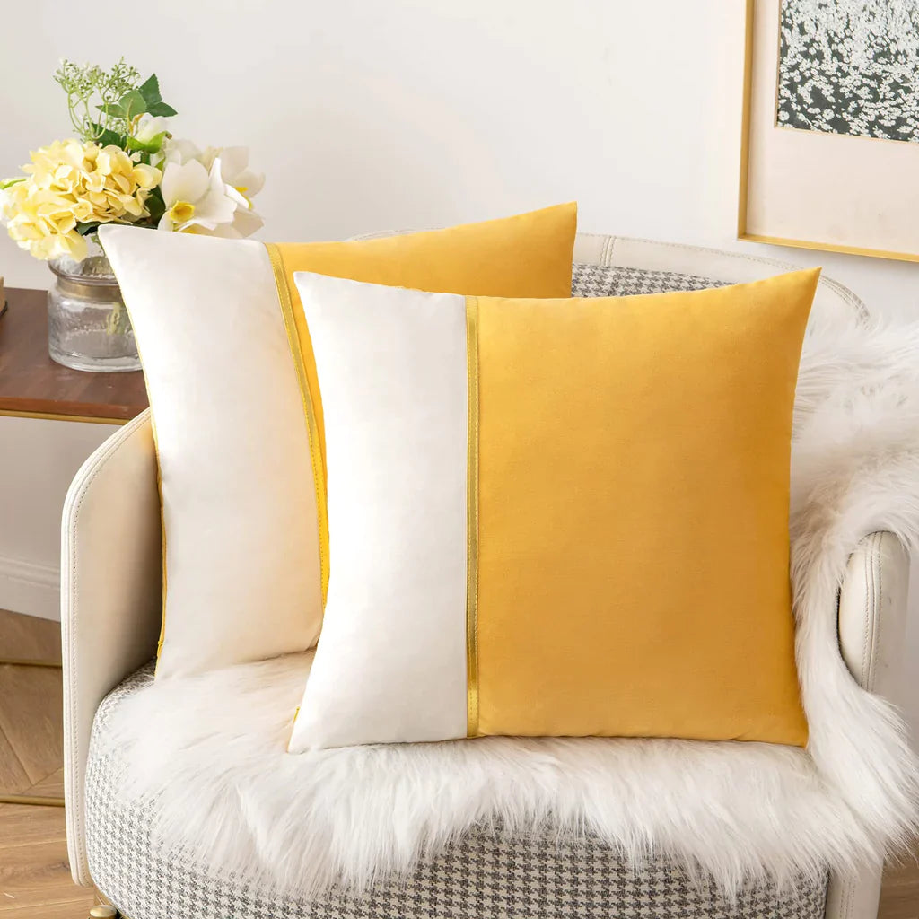 Pack Of 2 Velvet Patchwork with Golden Ribon Cushions - Aura Living