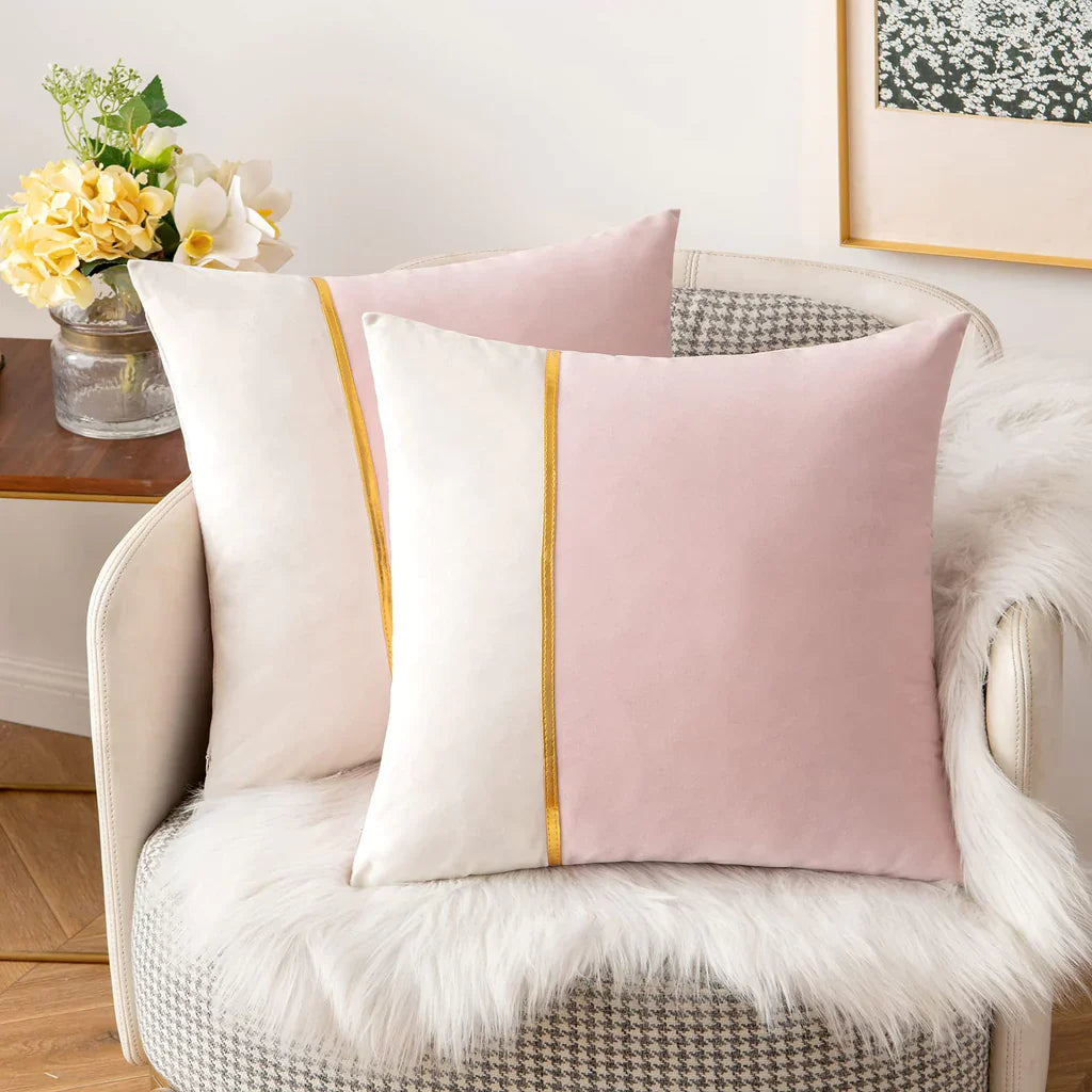 Pack Of 2 Velvet Patchwork with Golden Ribon Cushions - Aura Living