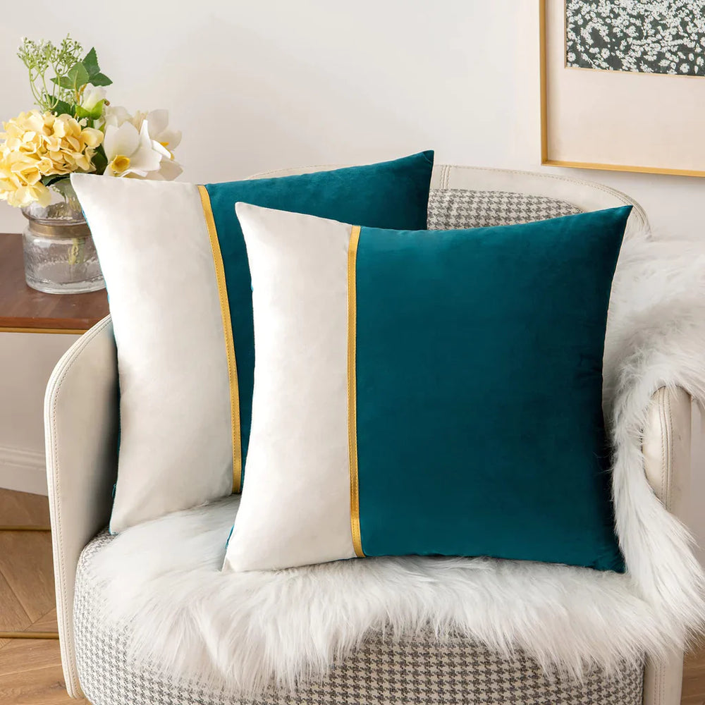 Pack Of 2 Velvet Patchwork with Golden Ribon Cushions - Aura Living