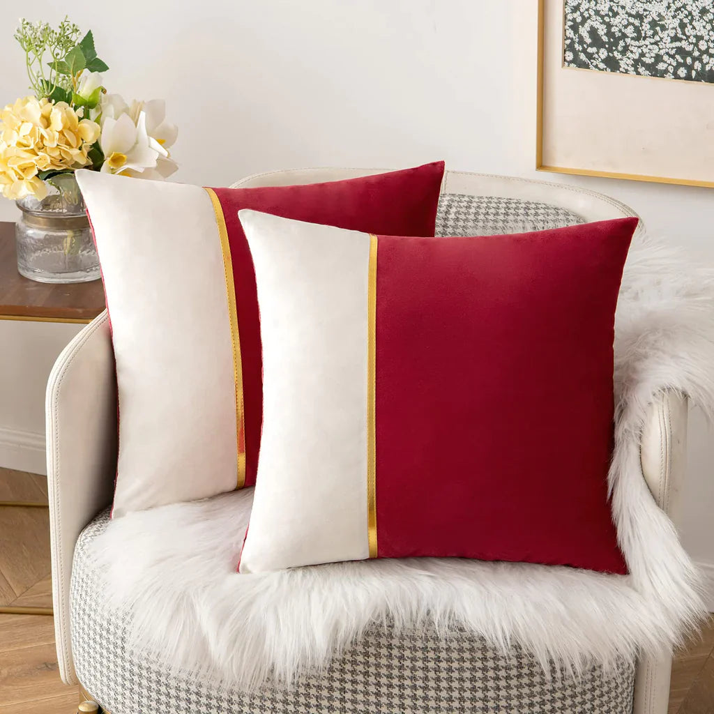 Pack Of 2 Velvet Patchwork with Golden Ribon Cushions - Aura Living