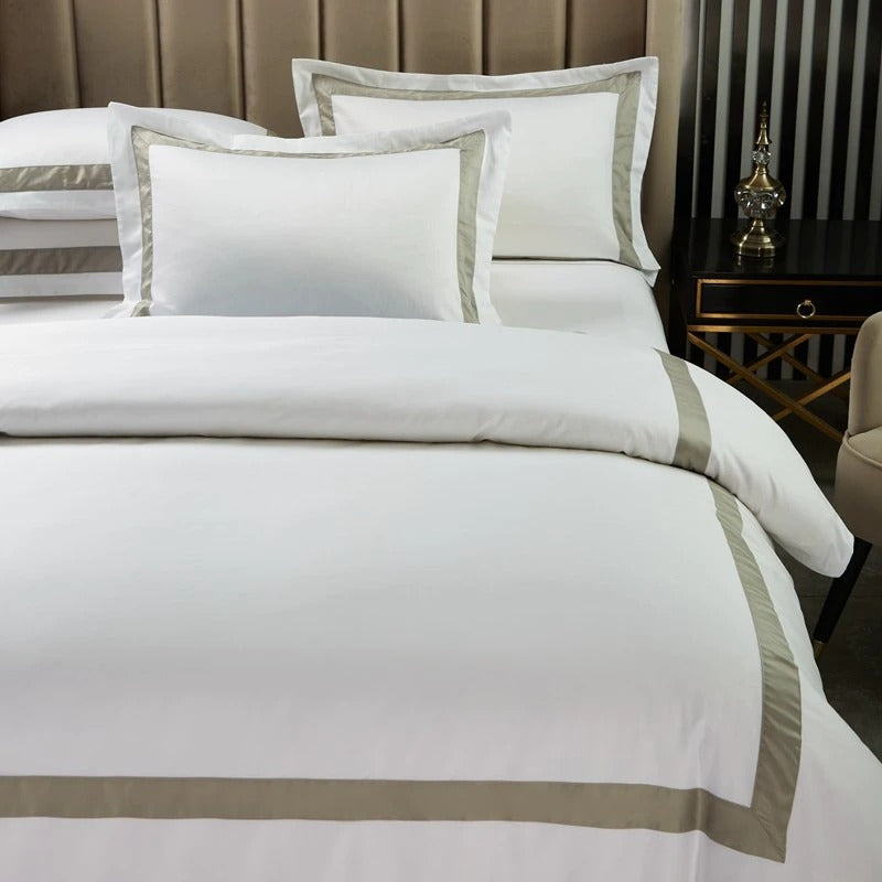 White with Beige Hotel Style Cotton Satin Duvet Set - Aura living