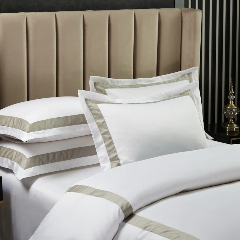 White with Beige Hotel Style Cotton Satin Duvet Set - Aura living