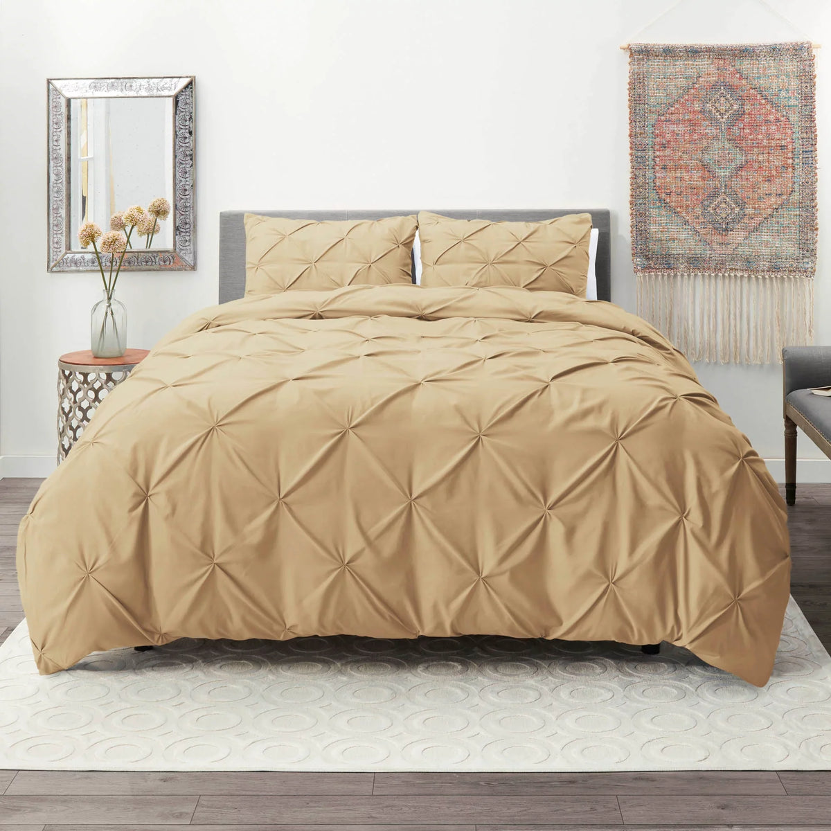 Luxury Cotton Satin Pintuck Duvet Cover Set -Beige - Aura Living
