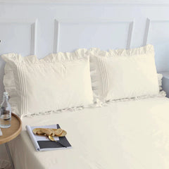 Cotton Fitted Sheet With Frilled Pillow Cover- Off White - Aura living