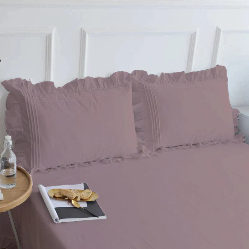 Cotton Fitted Sheet With Frilled Pillow Cover- Rose Wood - Aura living