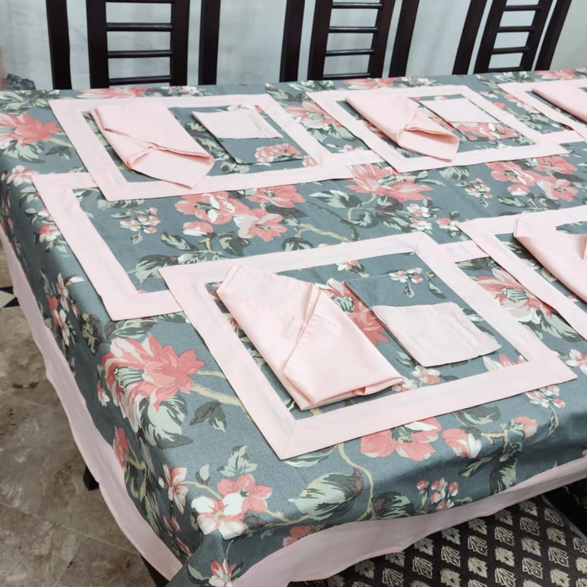 Printed Cotton Reversable Dinning Set - Flowrence Grey