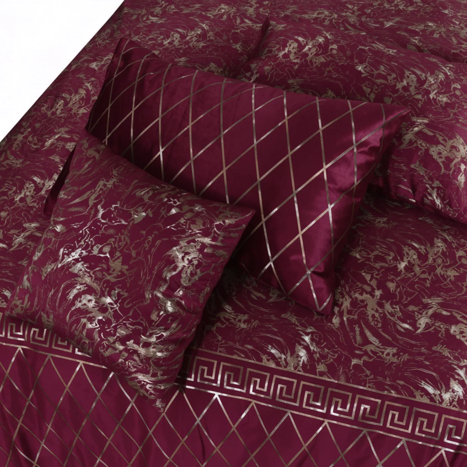 8 Pcs Greek Border Velvet Duvet Cover Set - Mahroon