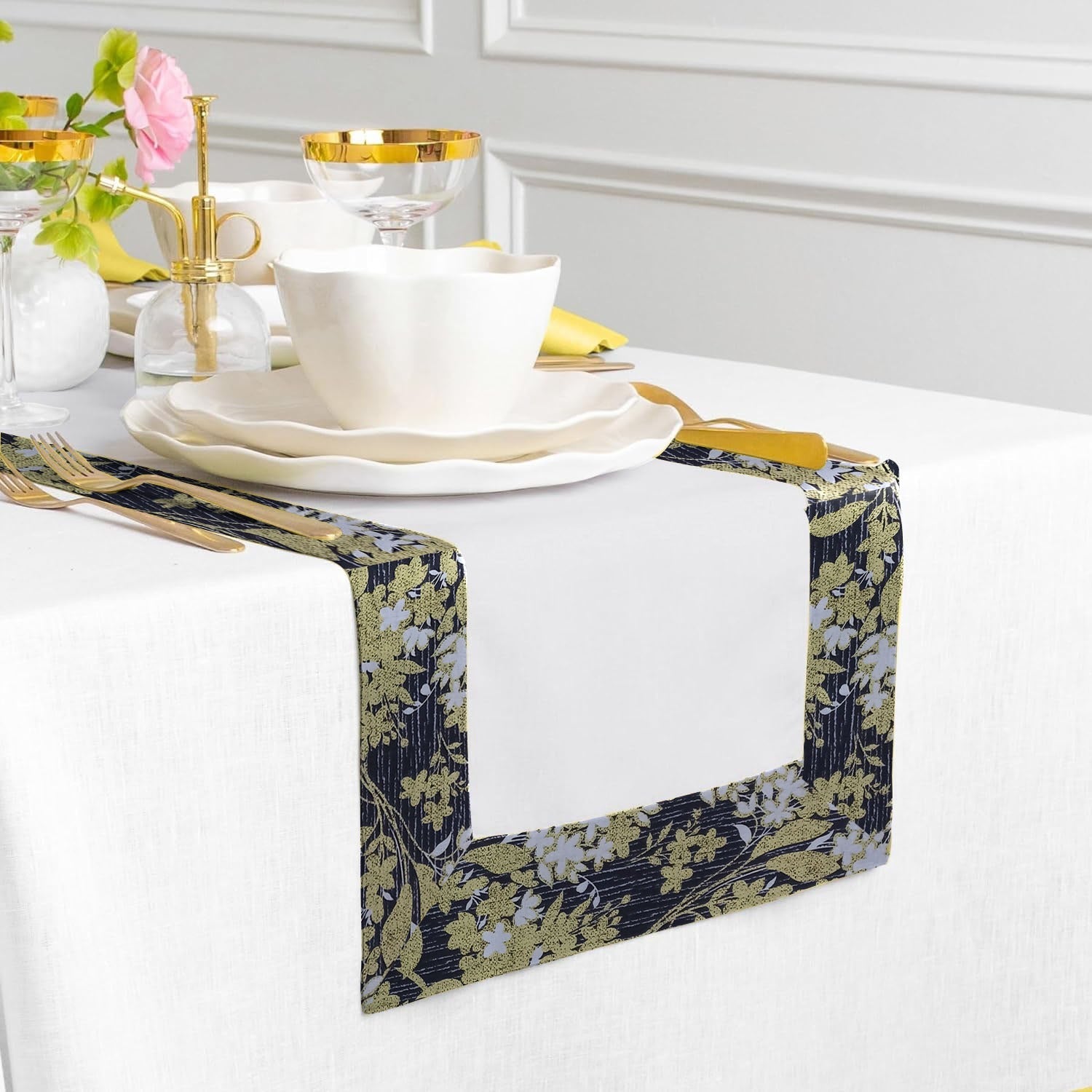Cotton With Printed Border Reversable Table Runner -