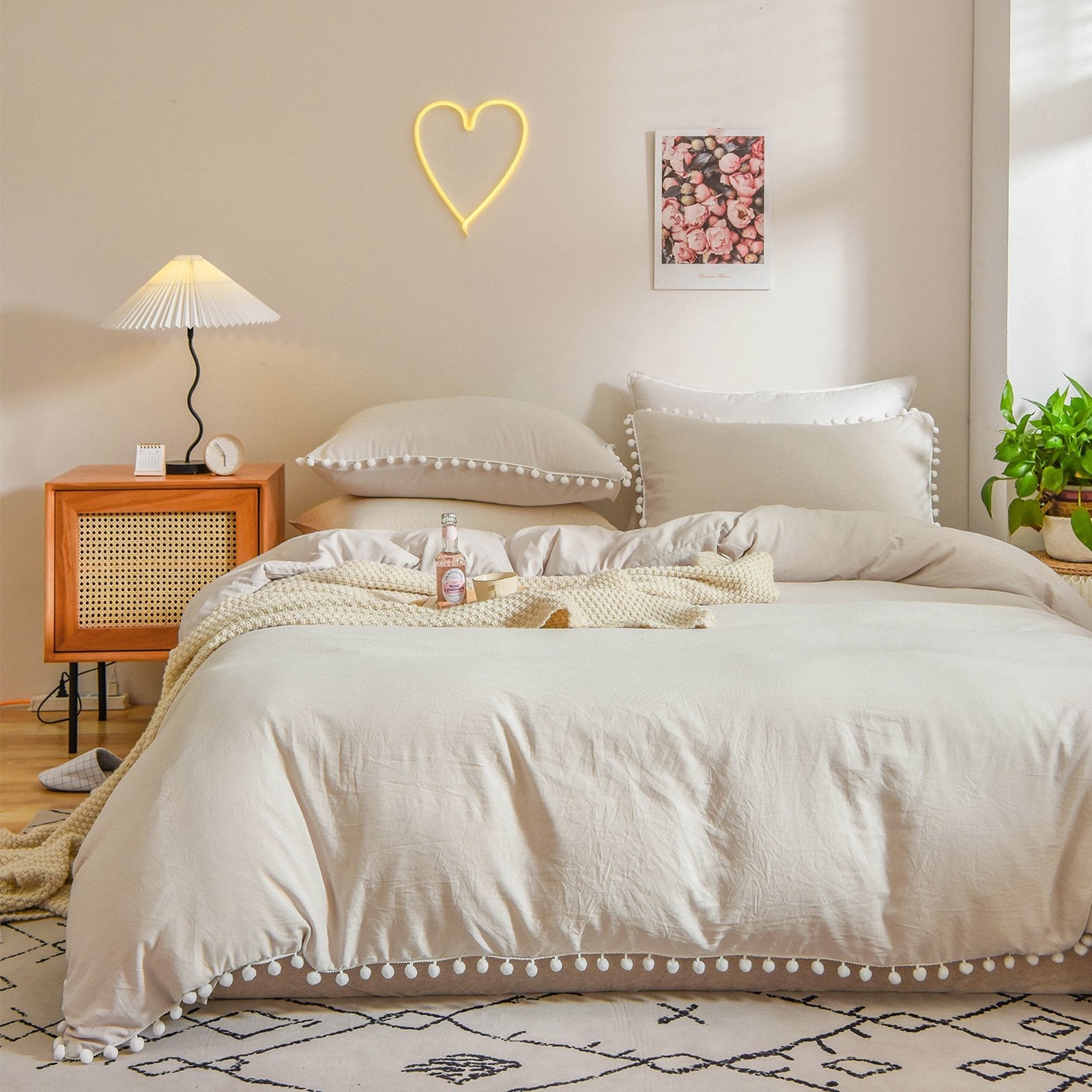 Plain Cotton Duvet Cover Set With Pom Poms
