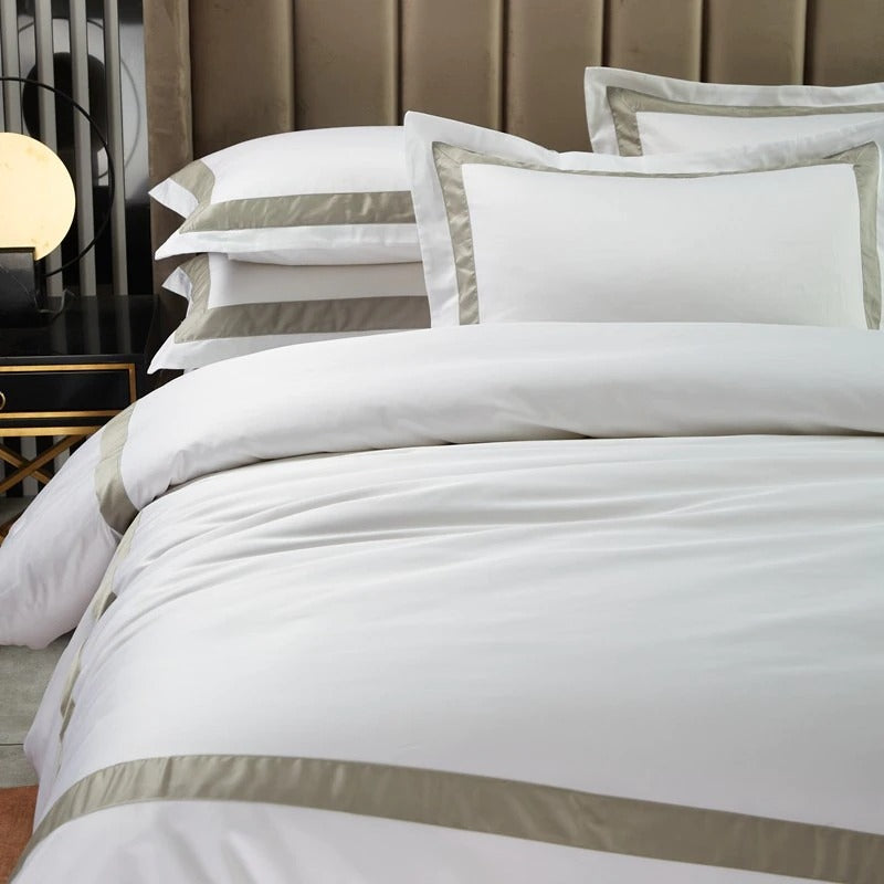 White with Beige Hotel Style Cotton Satin Duvet Set - Aura living