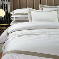 White with Beige Hotel Style Cotton Satin Duvet Set - Aura living