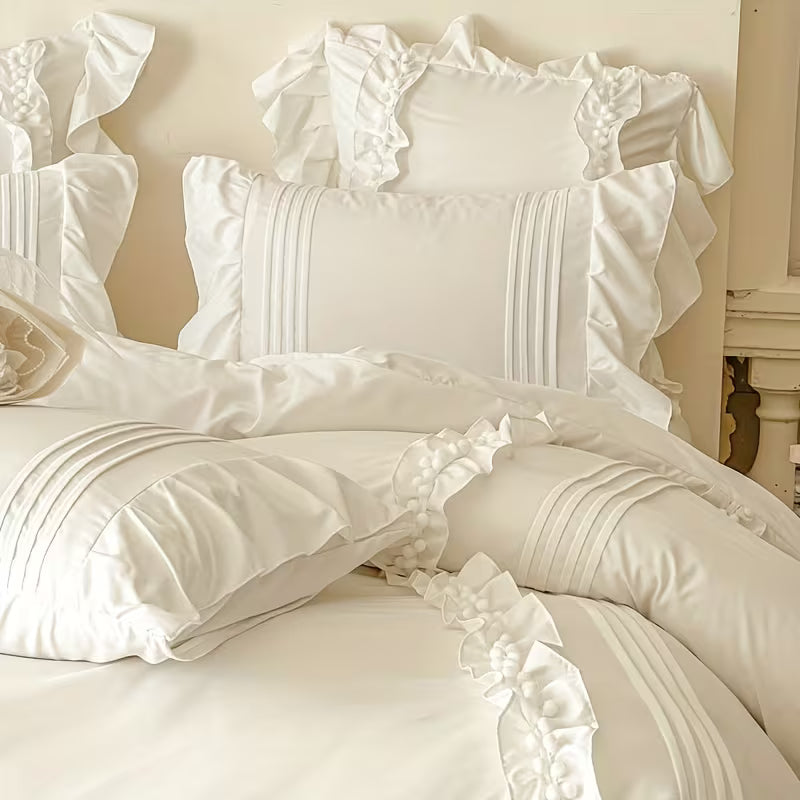 Luxury Satin 400 Tc Ruffle With Pom Poms and Pleated Duvet Cover White