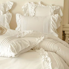 Luxury Satin 400 Tc Ruffle With Pom Poms and Pleated Duvet Cover White