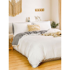 Reversable Cotton Duvet Cover Set With Pom Pom  -