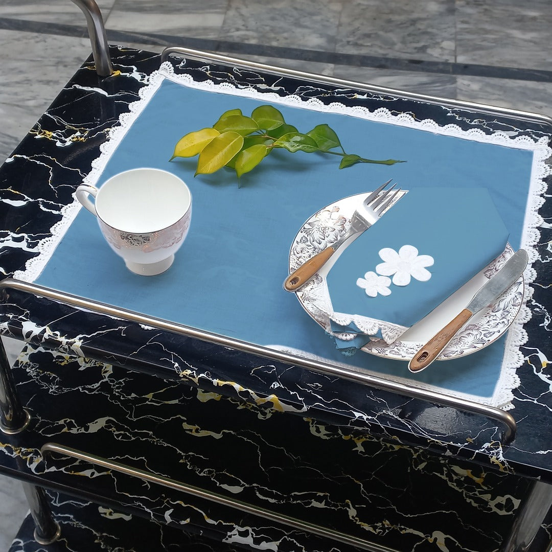 9 PCS TROLLEY MAT AND NAPKIN SET WITH LACE - BLUE - Aura Living