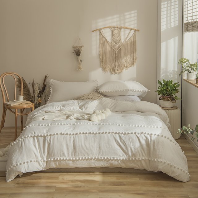 Luxury Cotton Satin Pom Fringe Duvet Cover Set- Dove White - Aura Living