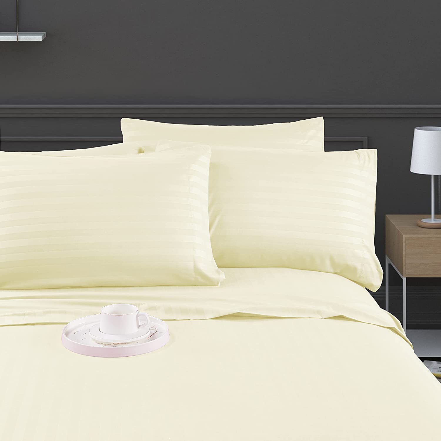 Luxury Strip Satin Bed sheet Set - Creem - Aura Living