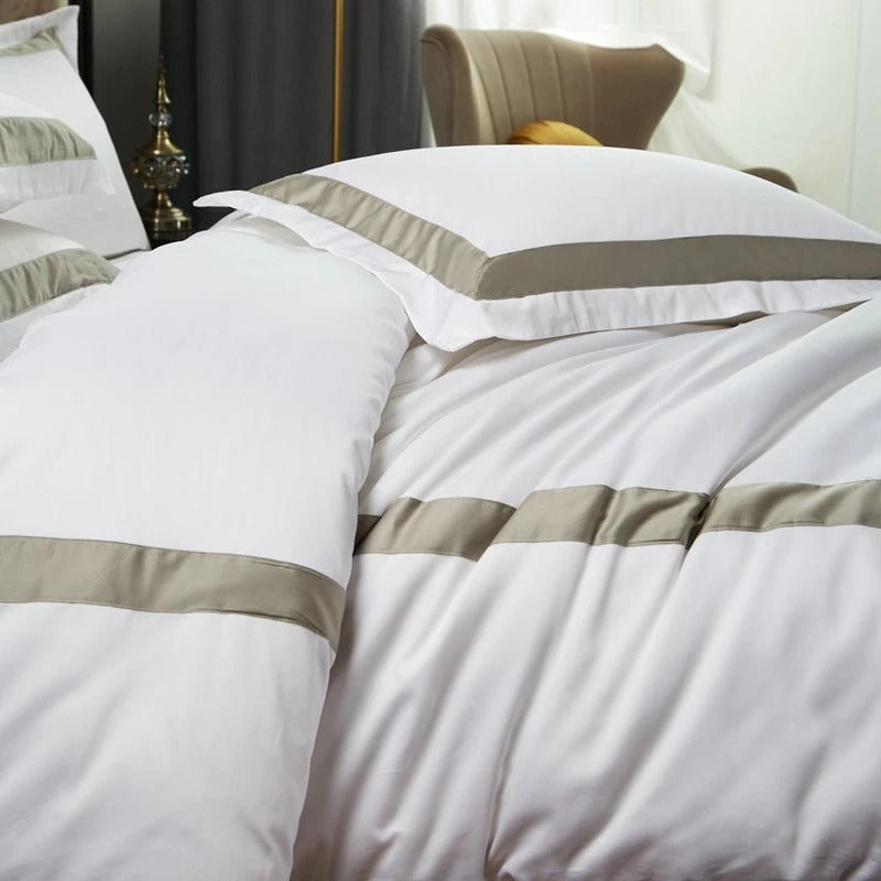 White with Beige Hotel Style Cotton Satin Duvet Set - Aura living