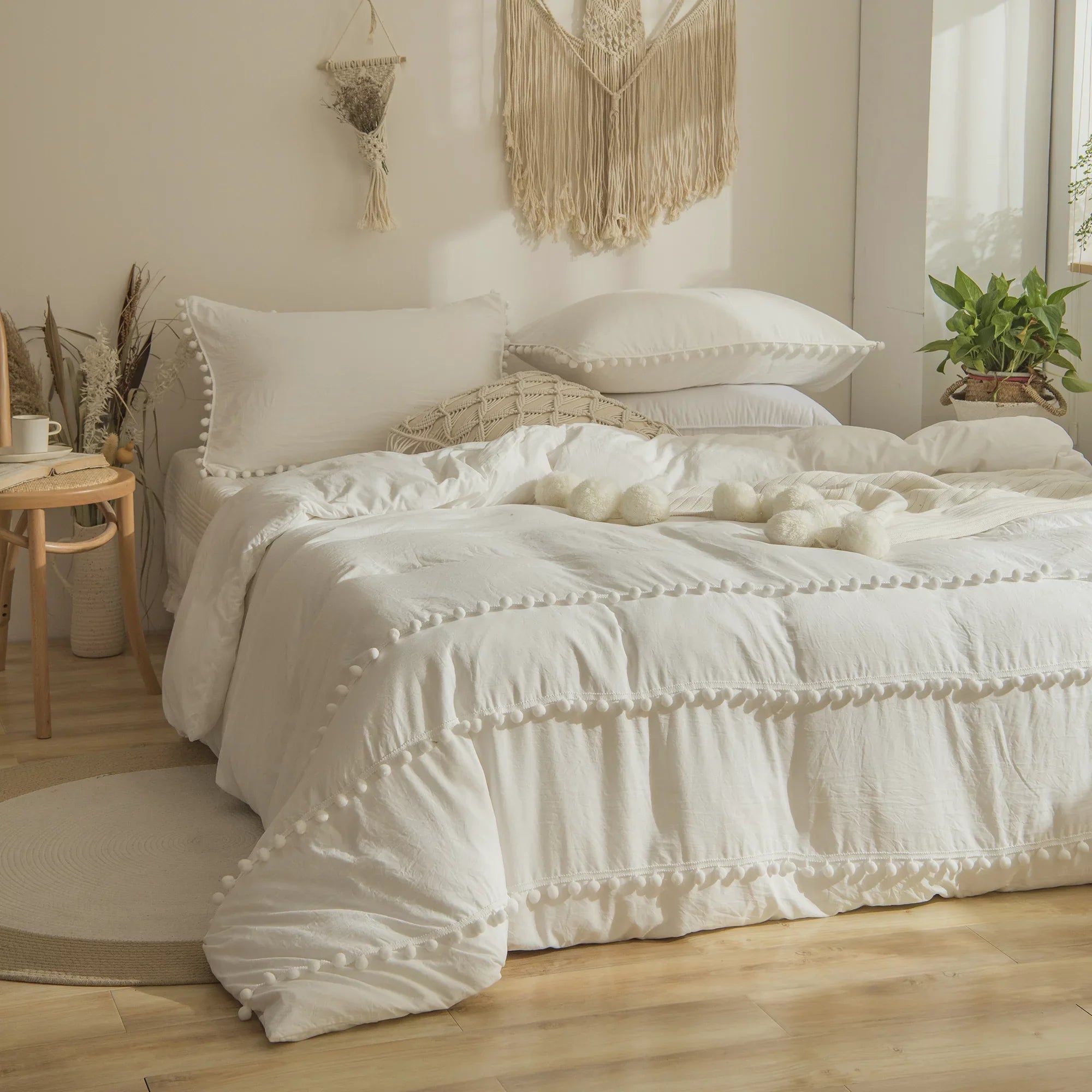 Luxury Cotton Satin Pom Fringe Duvet Cover Set- Dove White - Aura Living