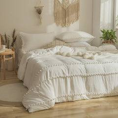 Luxury Cotton Satin Pom Fringe Duvet Cover Set- Dove White - Aura Living