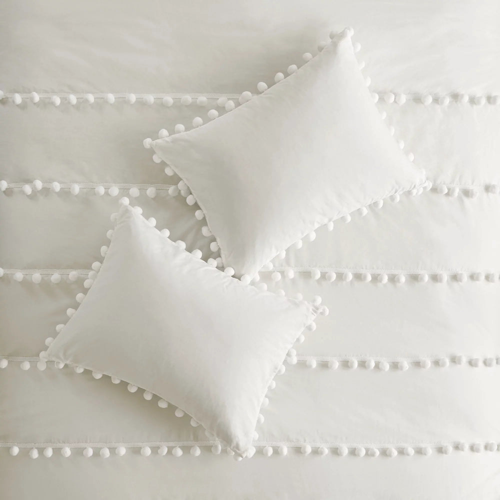 Luxury Cotton Satin Pom Fringe Duvet Cover Set- White And White - Aura Living