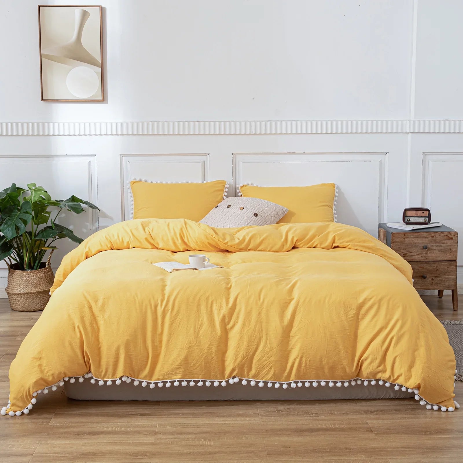 Plain Cotton Duvet Cover Set With Pom Poms