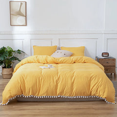 Plain Cotton Duvet Cover Set With Pom Poms