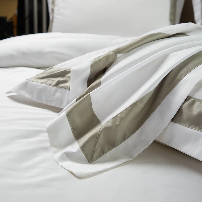 White with Beige Hotel Style Cotton Satin Duvet Set - Aura Living