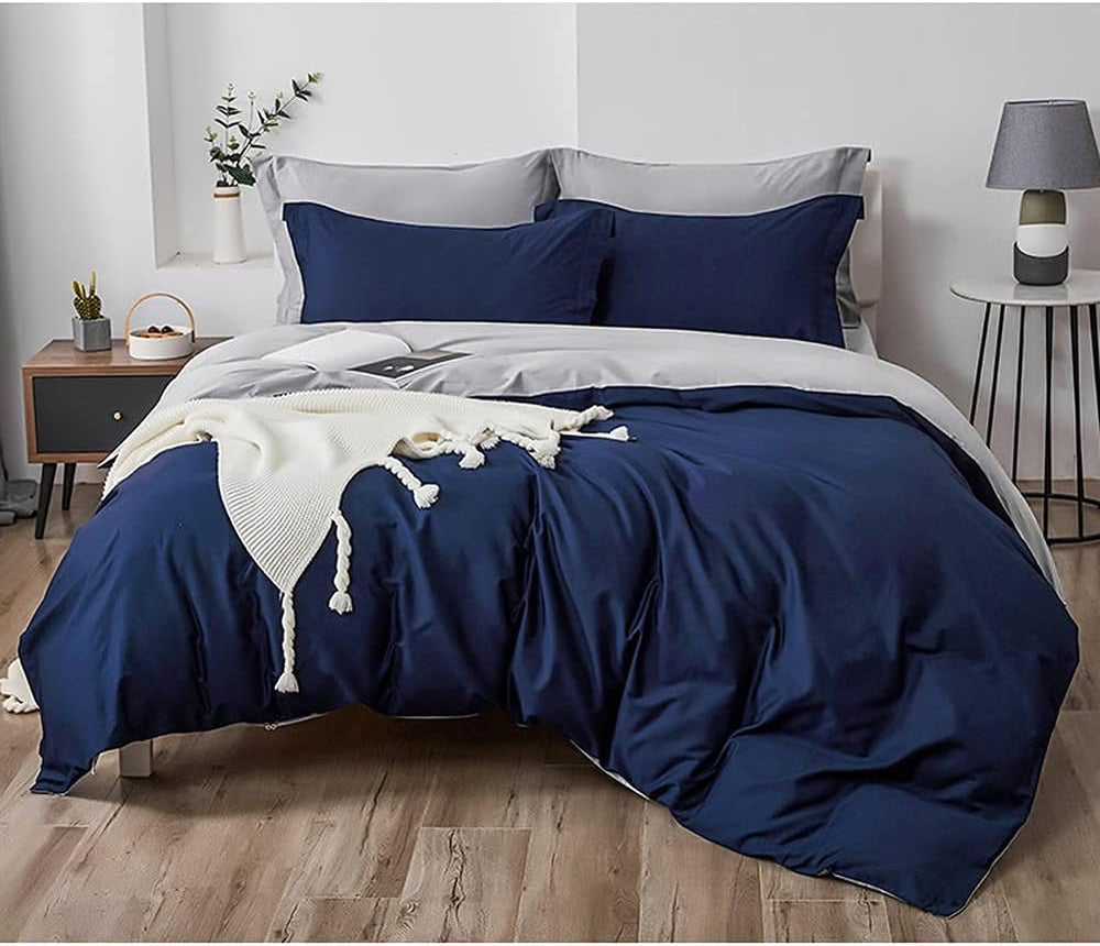 300 Tc Plain Dyed Reversible Cotton Duvet Cover Set - Royal Blue ang Light grey - Aura living